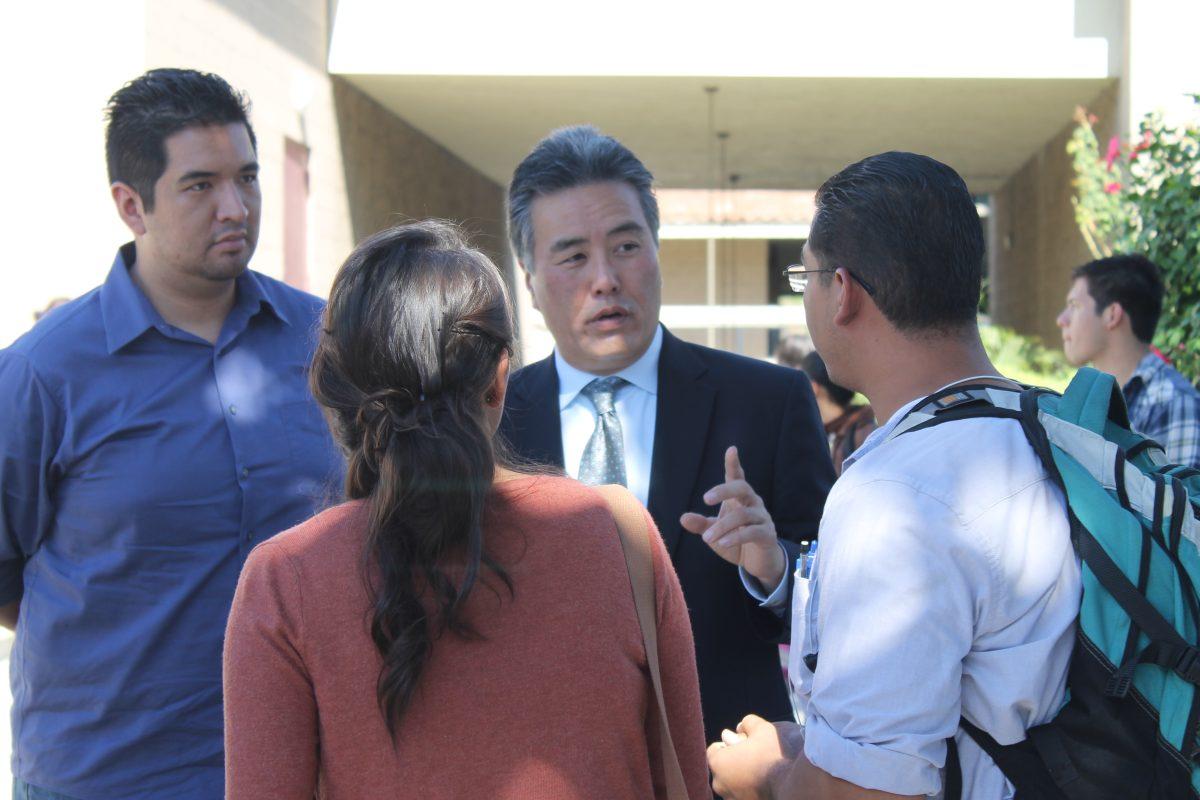 Connecting with students: Mark Takano, democratic candidate running for the 41st Congressional District, speaks to Riverside City College students during a visit at the college last month. (Luis Solis / Staff Photographer)