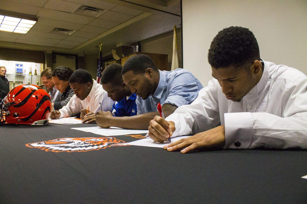 The Future: Members of the 2013 Riverside City College football team signed their letters of intent to universities during a RCC signing ceremony on Feb.6 (Photo by Luis Solis)