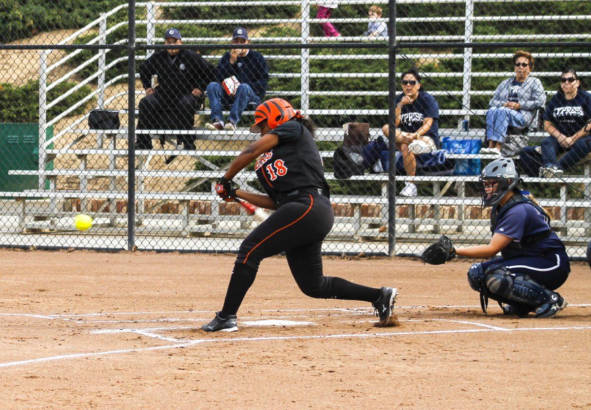 Daisy Sanchez/ Staff Photographer
Slugger: RCC’s Breanna Valles holds nothing back as she singled off a pitch against Golden West College.