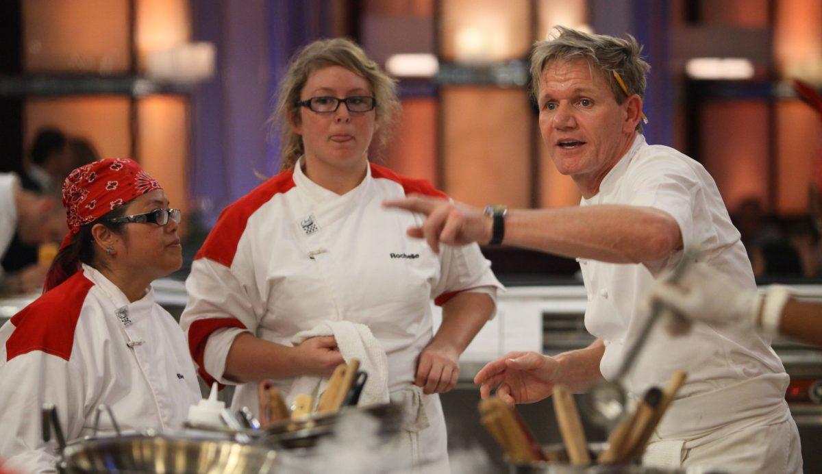 Chef Gordon Ramsay directs RCC Culinary graduate, Rochelle Bergman, and her teammate from the Red Team in the kitchen. (Image courtesy of: Fox Flash)