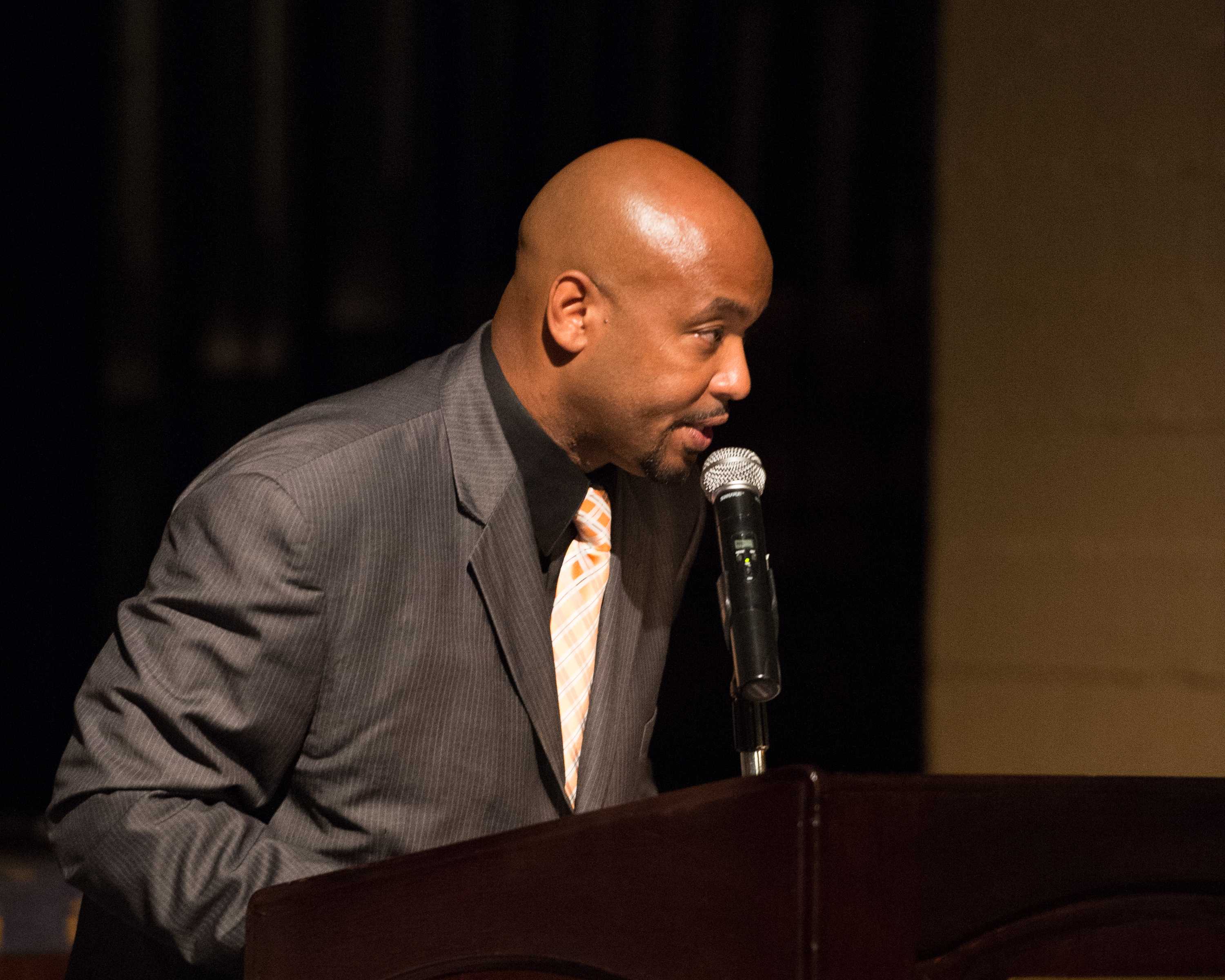 Riverside City College Athletic Director Derrick Johnson speaking at the 2014 Athletics Hall of Fame Ceremony on Oct. 16. (Michael Walter | Asst. Photo Editor)