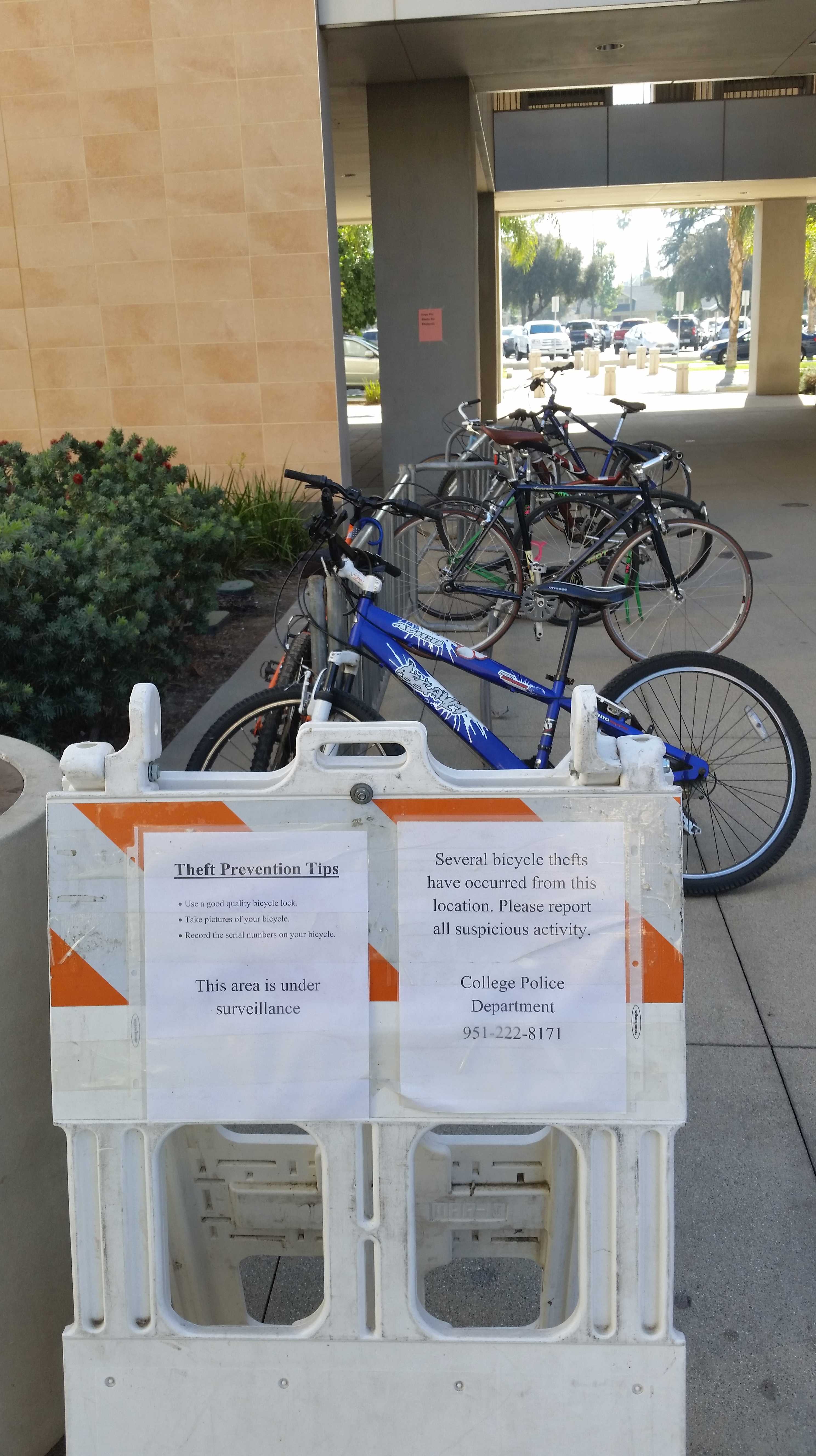 Valerie osier / staff Editor RCC Campus Police set signs near bike racks on campus to warn students about bike thefts.