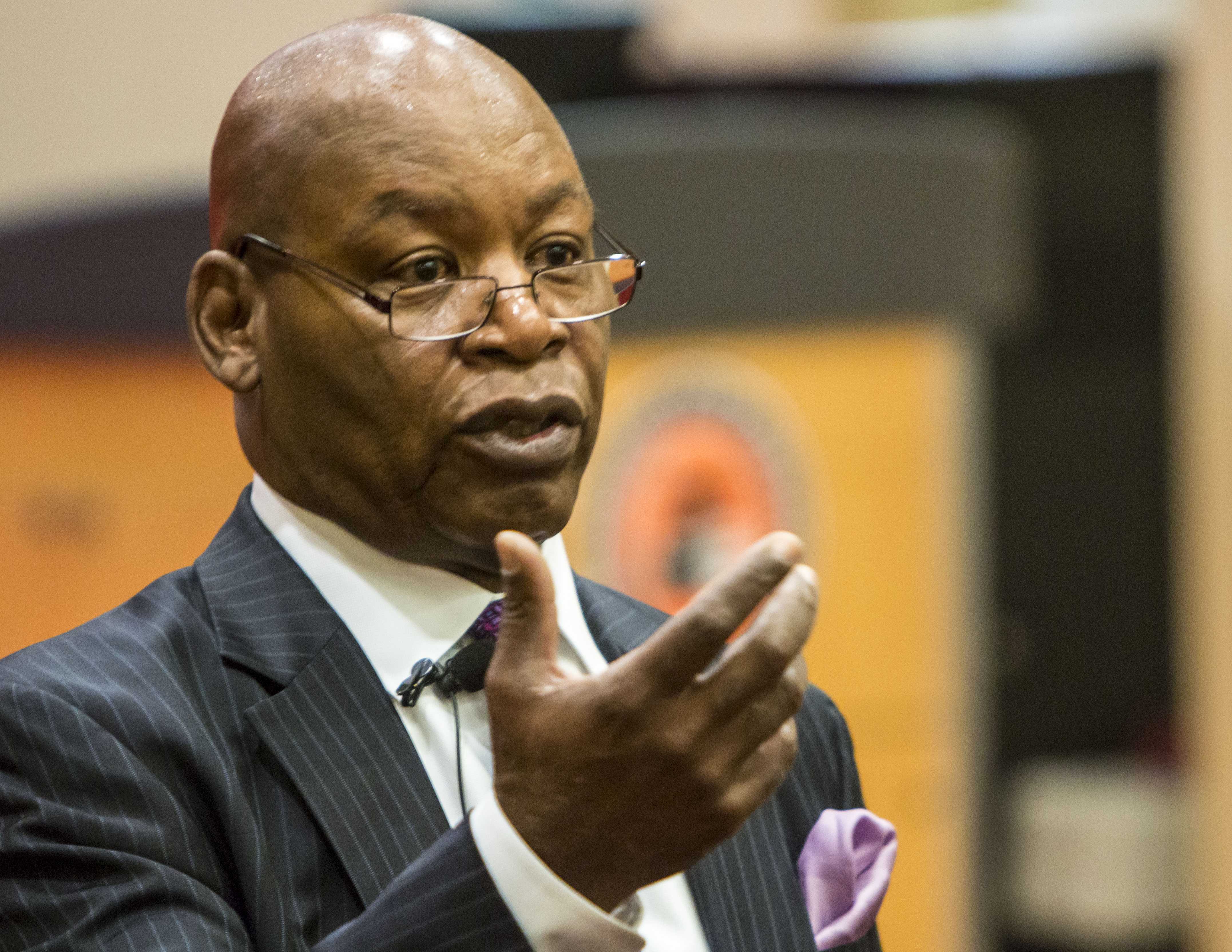 Elmer Bugg speaks before audience at presidential search forum April 2. Photo by Steven Smith