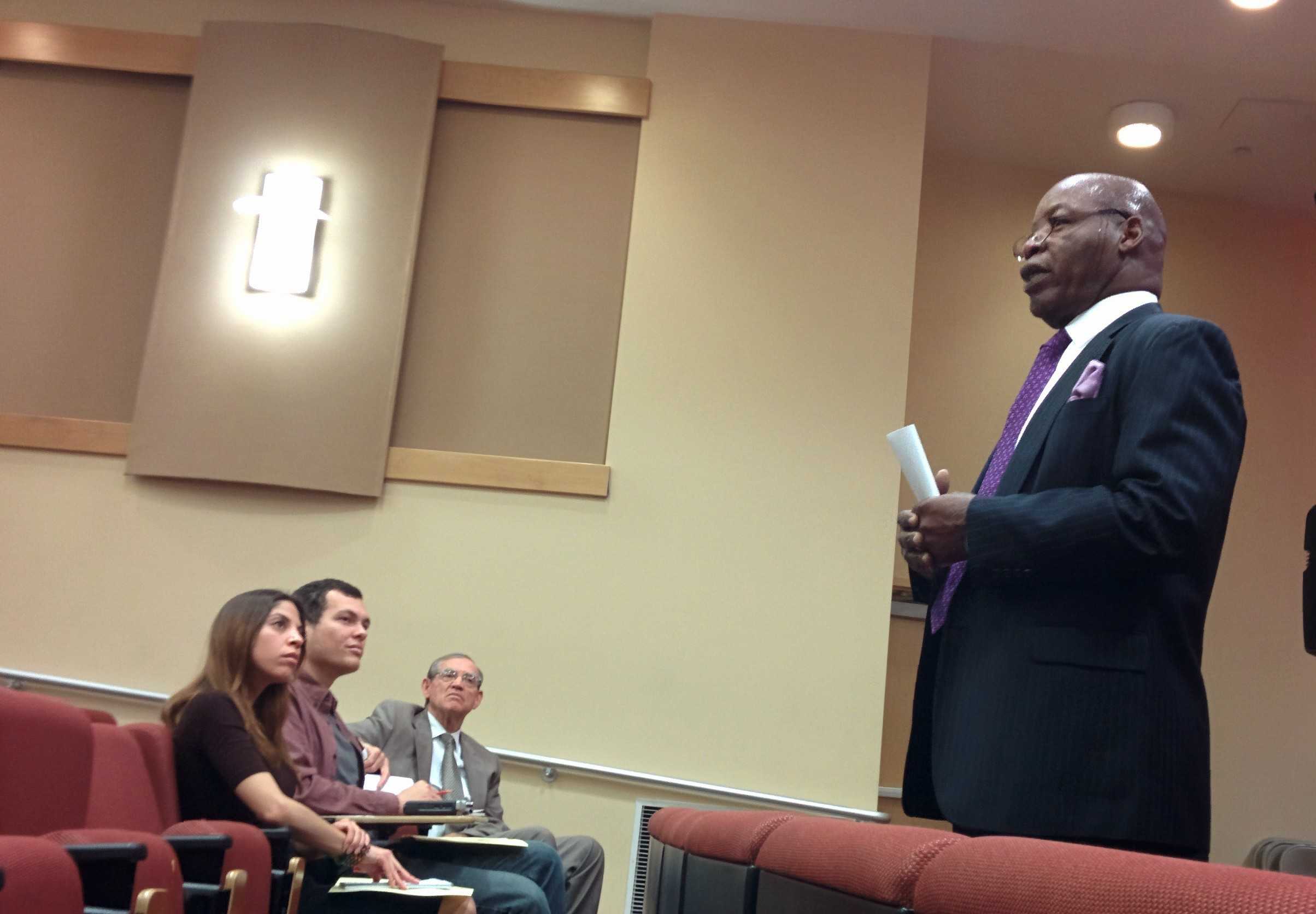 RCC presidential candidate Elmer A. Bugg speaks at a public forum held in the Digital Library Auditorium, April 2.