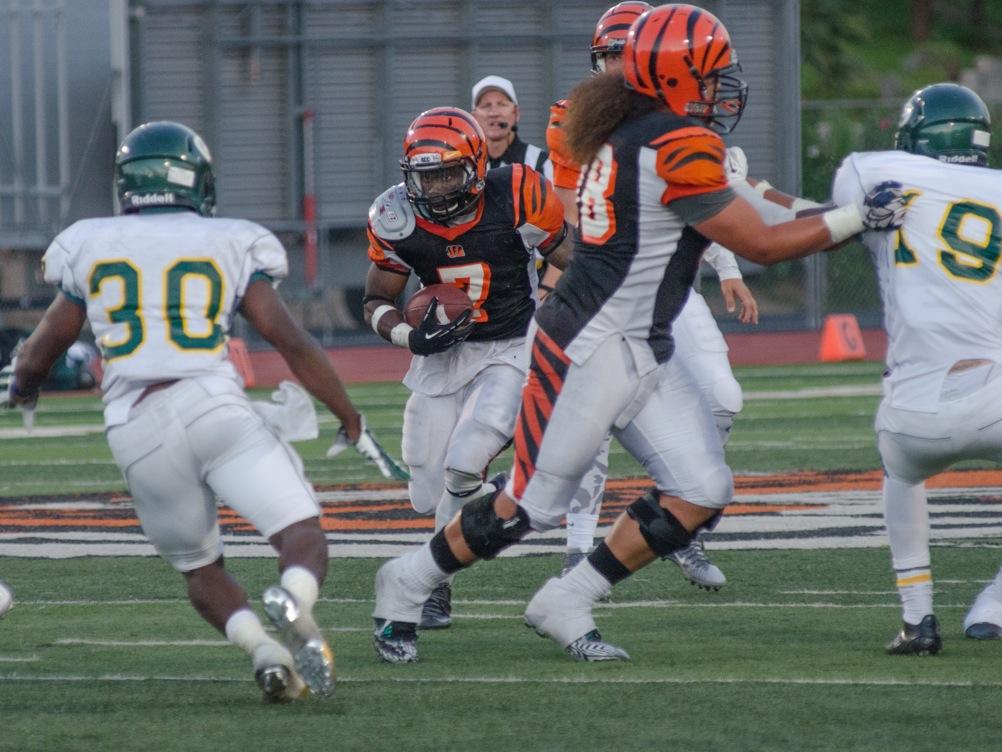 Riverside City College Tigers’ sophomore running back Chris Anderson displayed his abilities in a tough win against Grossmont College, 31-29, Saturday in front of a packed house at Wheelock Stadium.