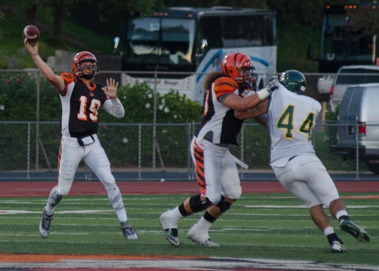 Quarterback Kevin Olsen and the No. 1 state ranked Riverside City College football team snapped its three-game losing streak to No. 12 Grossmont, 31-29, on Sept. 19, however the Tigers’ toughest battle of the night was against itself.



The Griffins’ defense had its way with Olsen, which had one sack and two interceptions, one of which resulted in a 41-yard touchdown return for the Griffins’ Nick Galatis to bring the game within two.