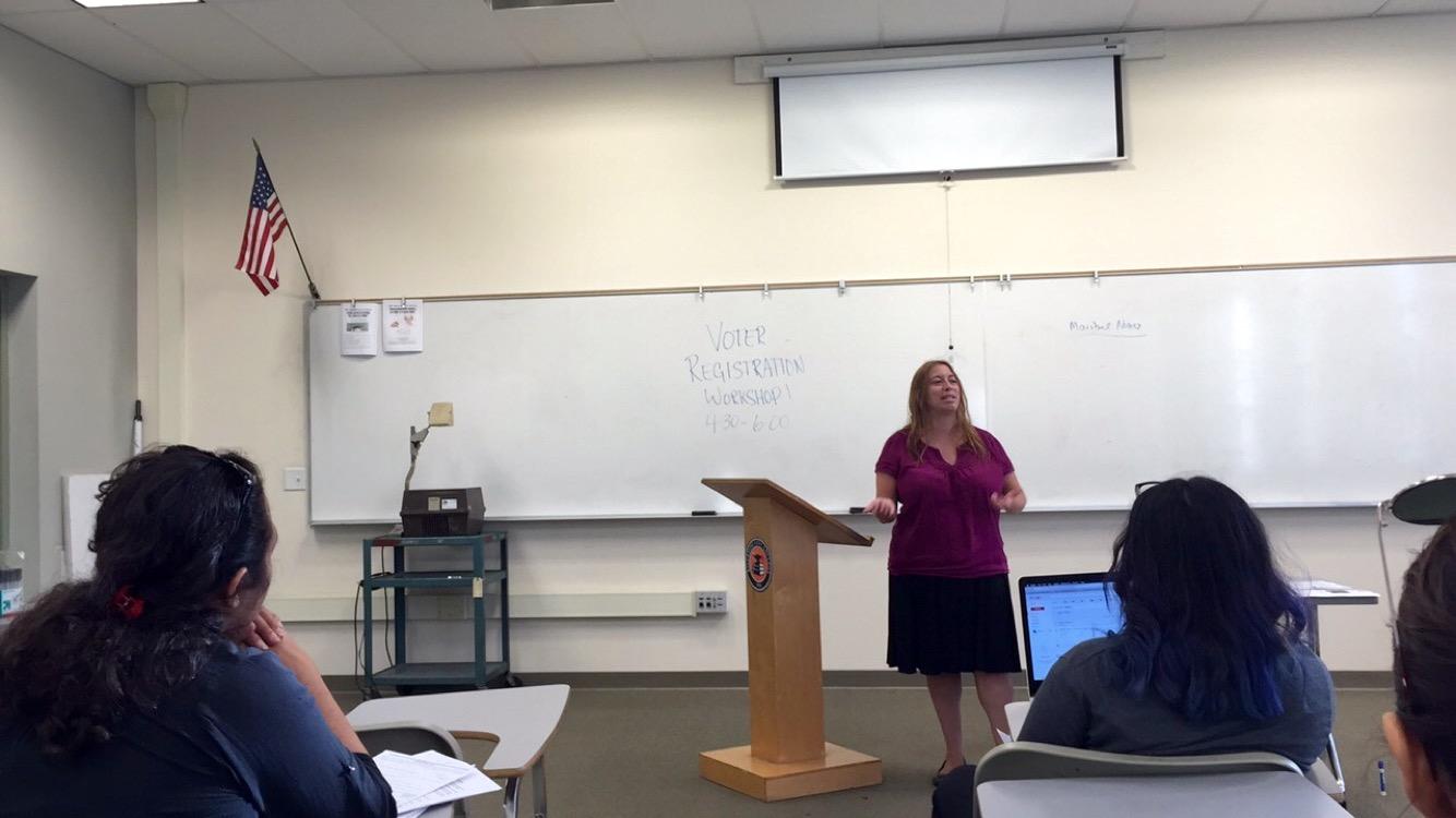 Maribel Nunez, RCC History instructor informs students on the importance of voting at a workshop sponsored by the Riverside Student Coalition Sept. 29 in Quad 218.