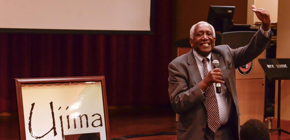 Riverside City College's first black President Dr. Wolde-Ab Isaac, answers questions in the Digital Library Auditorium about his life and his successes, it was held Feb. 23, 2016 by The Ujima Project. (Stacy Soriano | Viewpoints)