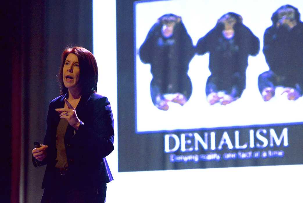 Riverside Community College District Emergency Planning Coordinator Sherry Colgan-Stone urges attendants of an Active Shooter Seminar held in the Landis Auditorium on Feb. 18,  to be prepared in the event of an emergency.
Stacy Soriano | Viewpoints