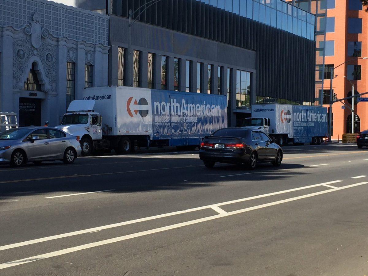 Moving trucks outside of the new RCCD Culinary Academy Dining Room (James H. Williams | Viewpoints)