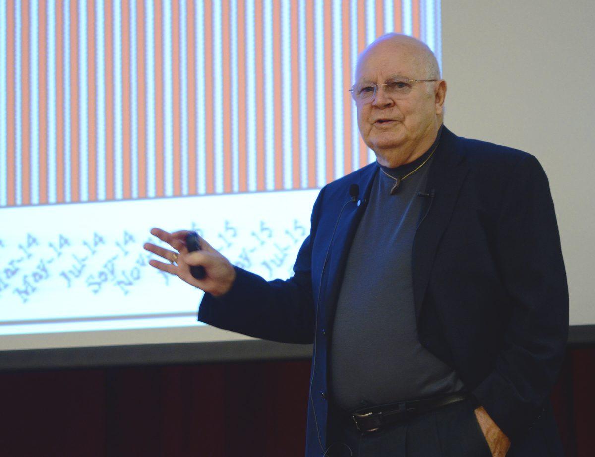 Research economist John Husing spoke to Riverside City College students and faculty about the Inland Empire's economy patterns on Tuesday, March 8, 2016 in the Digital Library Auditorium.