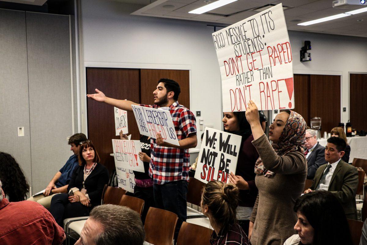 Student supporters of Aarefah Mosavi express their outrage at the board not letting Aarefah finish what she intended to say at the Board of Trustees meeting on April 5th.