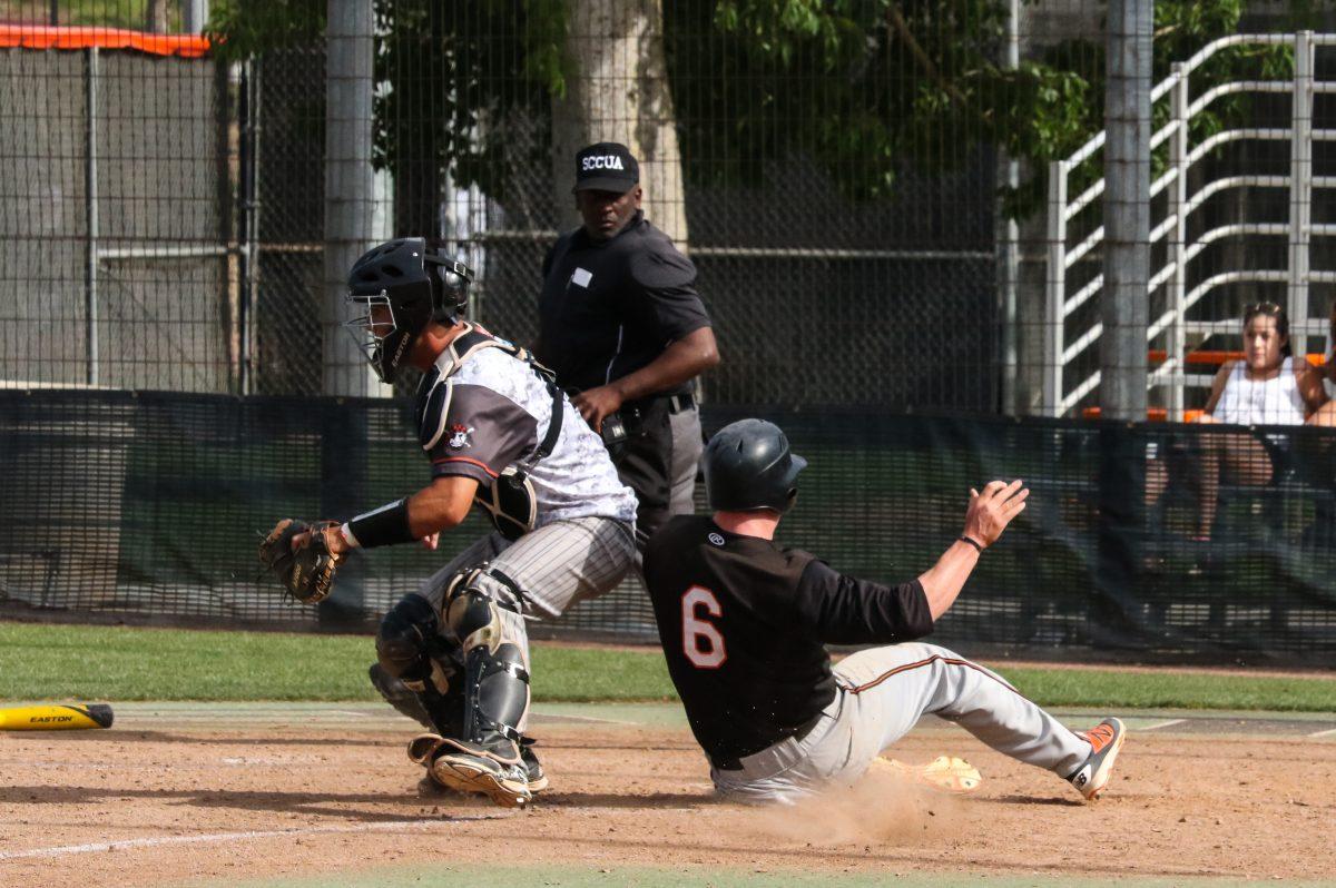 Casey Sheehan scores the go-ahead run in the bottom of the seventh inning off a two out single from Zach Grande against visiting Orange Coast College on April 19.