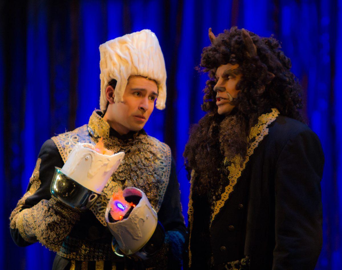 Riverside City College students rehearse for Performance Riverside's new production of Disney's Beauty and the Beast. (From left) Andrew Lopez plays Lumiere, meanwhile
Caleb Shaw plays the Beast. (Geovanny Guzman | Viewpoints)