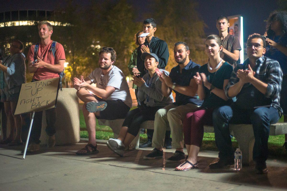 UC Riverside students gathered at the Bell Tower for a peaceful protest on Nov. 11, in response to the presidential elections.