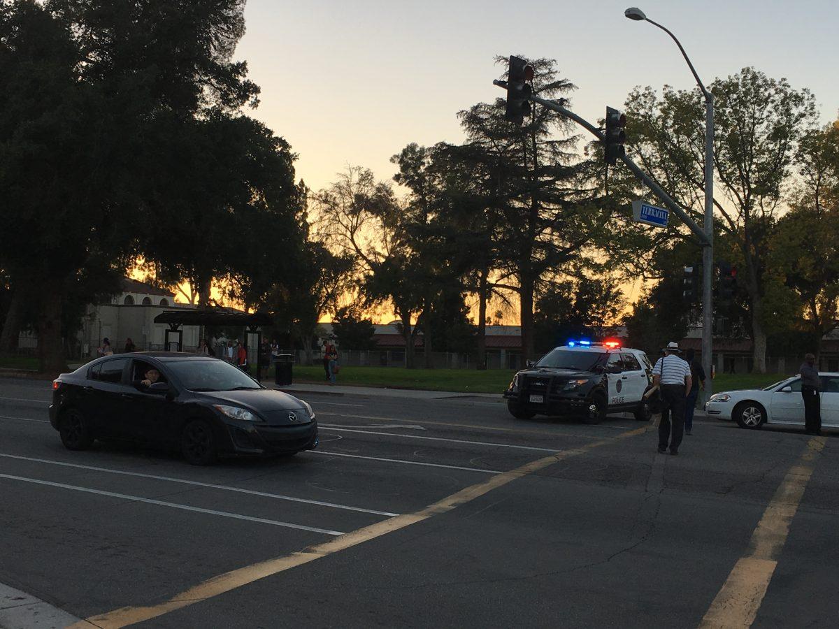 A police pursuit of a stolen car, that started on Van Buren Boulevard and Indiana Avenue, ended in a collision on the southwest corner of Magnolia Avenue and Ramona Drive in Riverside at approximately 4:20 p.m.  
