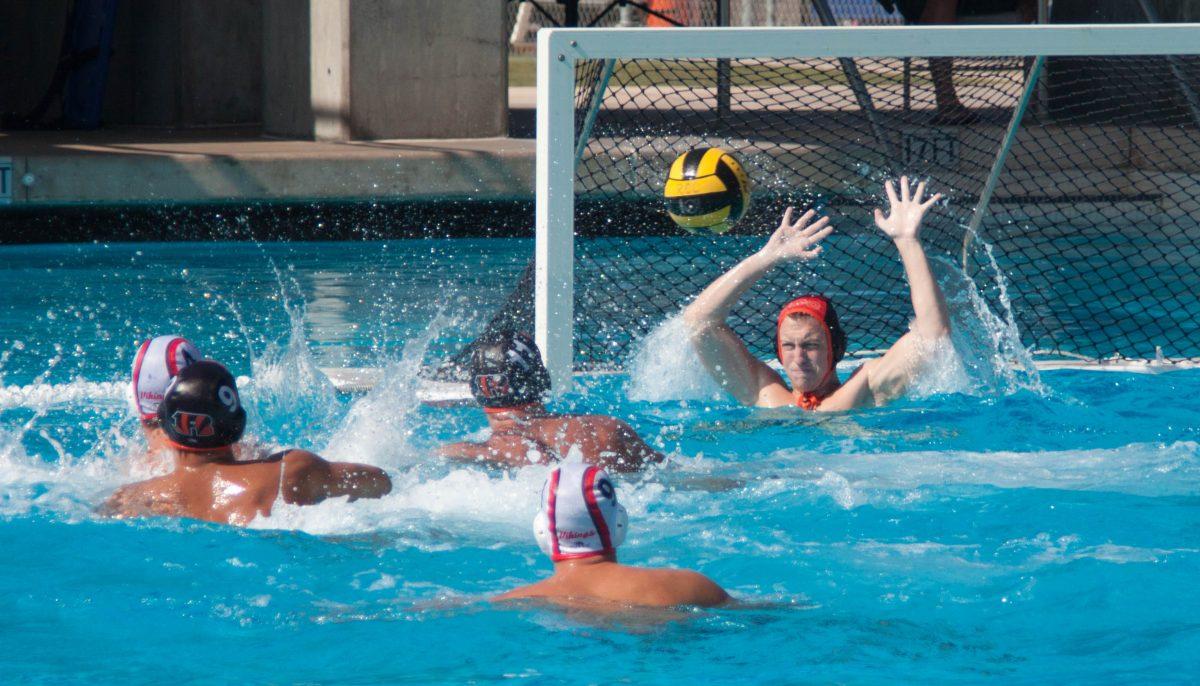 Riverside City College men's water polo goalkeeper Kristopher McVeigh defends a goal against a Long Beach City College striker Oct. 14. RCC went onto lose against El Camino 16-8 on Oct. 26.
(Daniel Francis| Viewpoints)