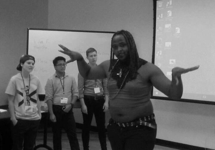 Vita E. Cleveland, founder of a transgender talent agency, demonstrates
the importance of self- expression at UC Riverside on Feb. 24. (Emily Aguilar | Viewpoints)