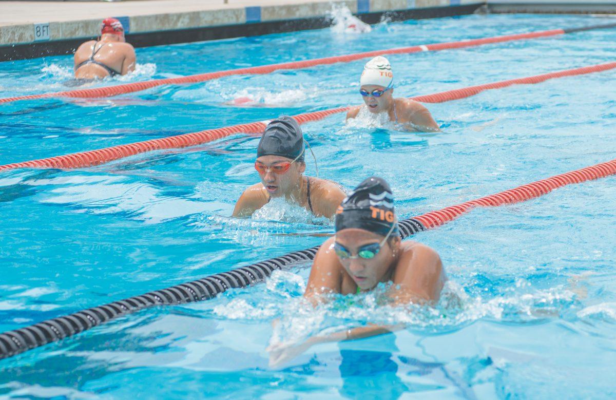 Riverside City College swimmers (top) Kelly Perez (middle) Serina Prado and (bottom) Josceline Godinez practice the breast stroke in preparation for the California Community College Athletic Association Championships on April 25. (Stacy Soriano | Viewpoints)