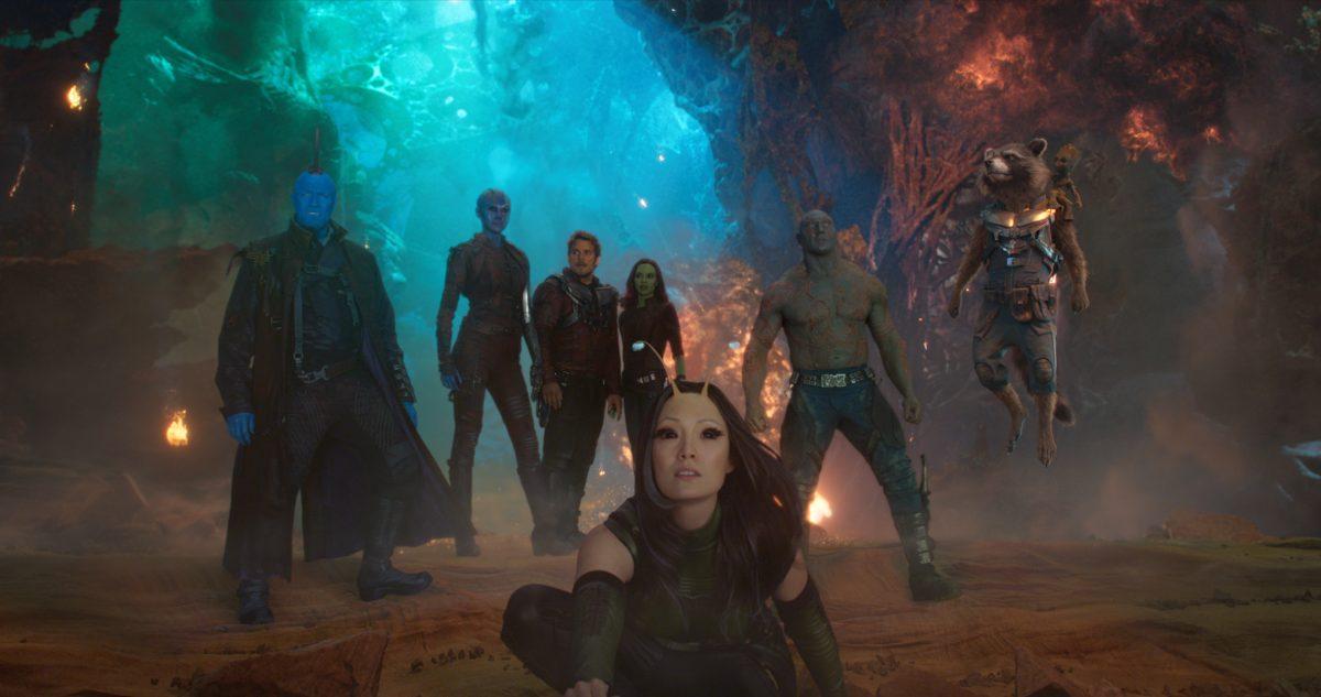 Guardians Of The Galaxy Vol. 2..L to R: Yondu (Michael Rooker), Nebula (Karen Gillan), Star-Lord/Peter Quill (Chris Pratt), Gamora (Zoe Saldana), Mantis (Pom Klementieff), Drax (Dave Bautista), Rocket (Voiced by Bradley Cooper) and Groot (Voiced by Vin Diesel)..Ph: Film Frame..©Marvel Studios 2017