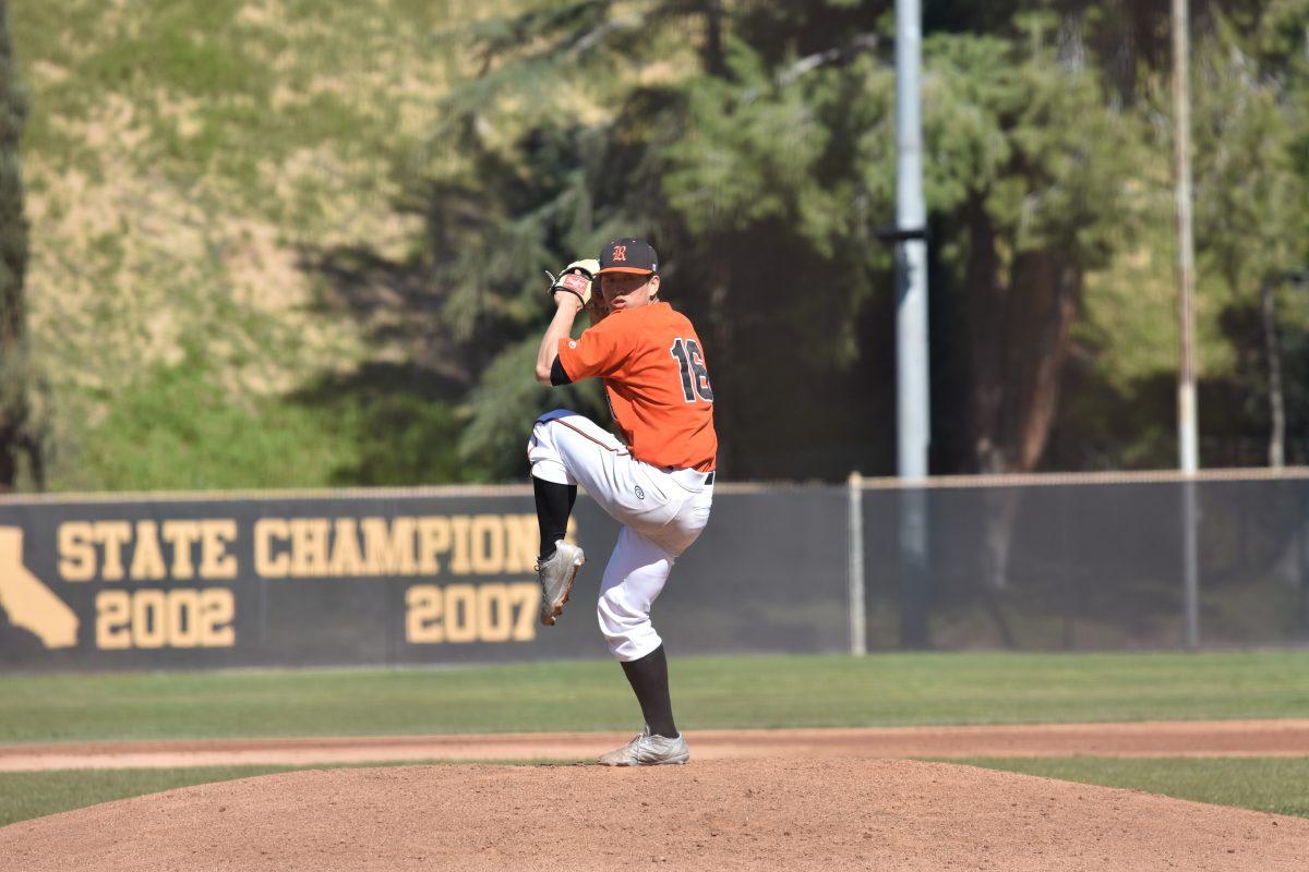 Riverside City College pitcher Kenny Kim pitched 3 innings in the Feb 23 contest against Palomar City College at Evans Field. The RCC Tigers came out victorious, winning 6-4. YESENIA HUBY | Viewpoints