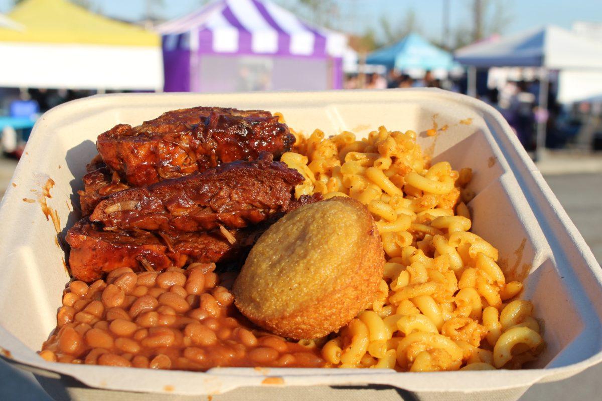 Vegan wings, baked beans, corn bread muffin and a side of vegan macaroni and cheese along with other dishes like these were enjoyed at the Inland Empire Vegan Festival.