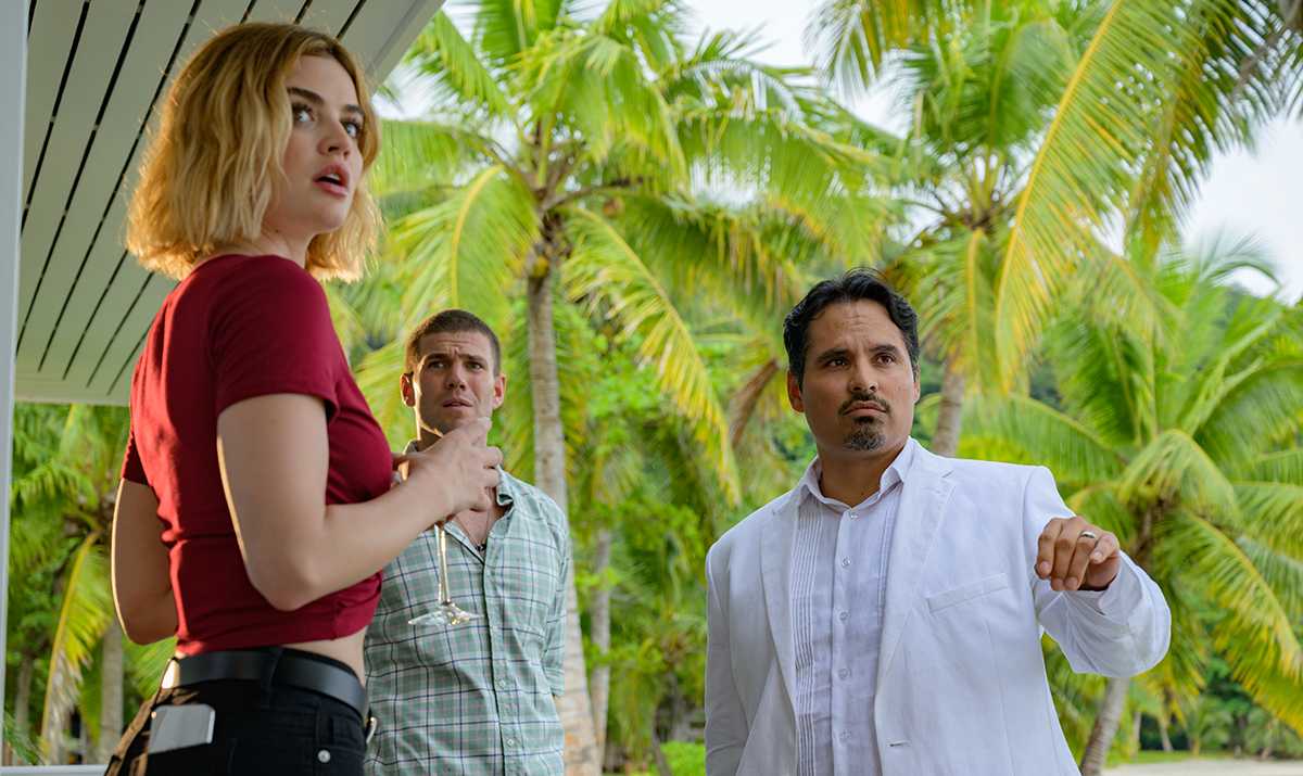 Lucy Hale, Austin Stowell and Michael Peña in Columbia Pictures' BLUMHOUSE'S FANTASY ISLAND.