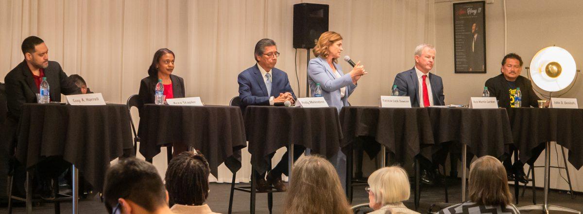 The mayoral candidates candidates, from left, Guy A. Harrell, Acea Stapler, Andy Melendrez, Patricia Lock Dawson, Rich Gardner and John D. Denilofs speak at a forum held in Avila's Historic 1929 in Downtown Riverside on Feb. 26. The Candidates answer the public's questions that ranged from homelessness to marijuana.
(Photo by Daniel Hernandez| Viewpoints)