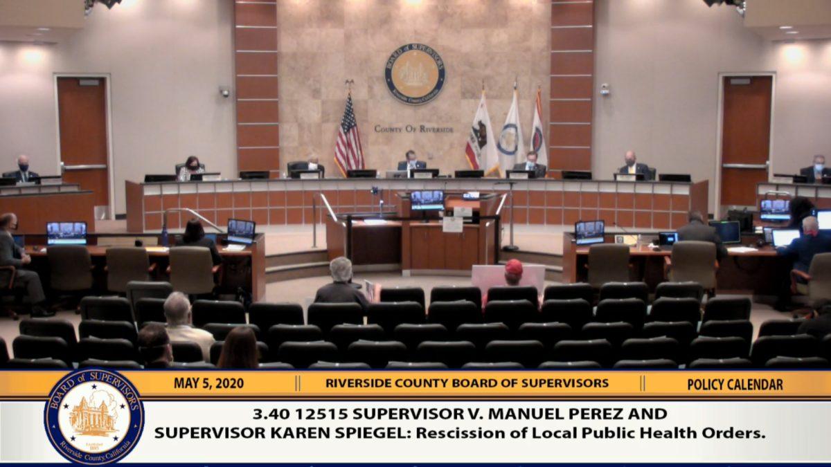 A screenshot of the May 5 Riverside County Board of Supervisors meeting.