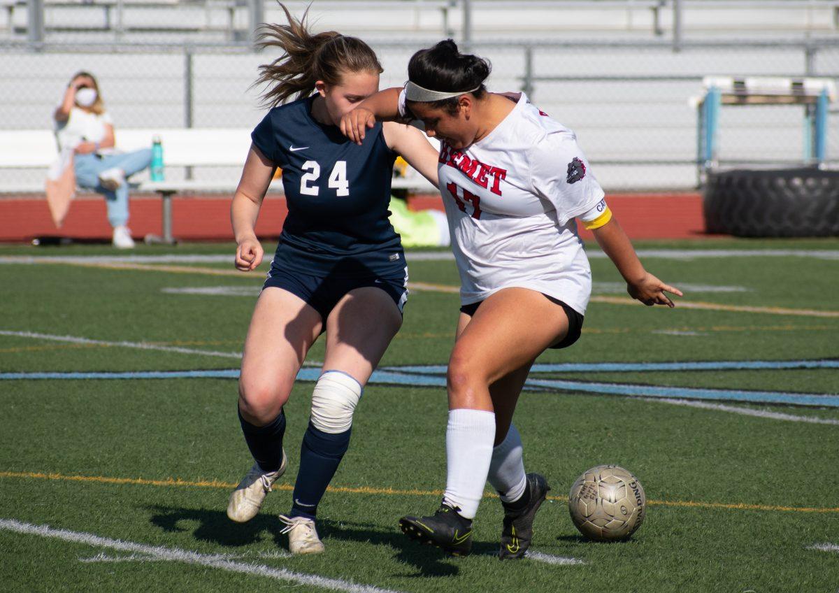 Hemet High School girl's soccer team controls the field vs Ramona High