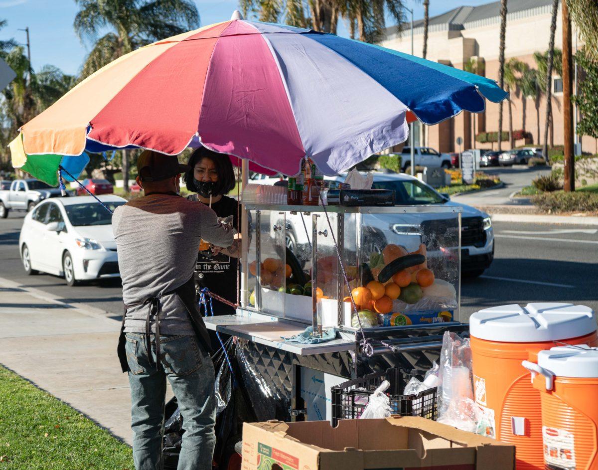 Javier Delgado, a recently immigrated mexican, sells a fruit cup to a customer near the Tyler Galleria April 3.