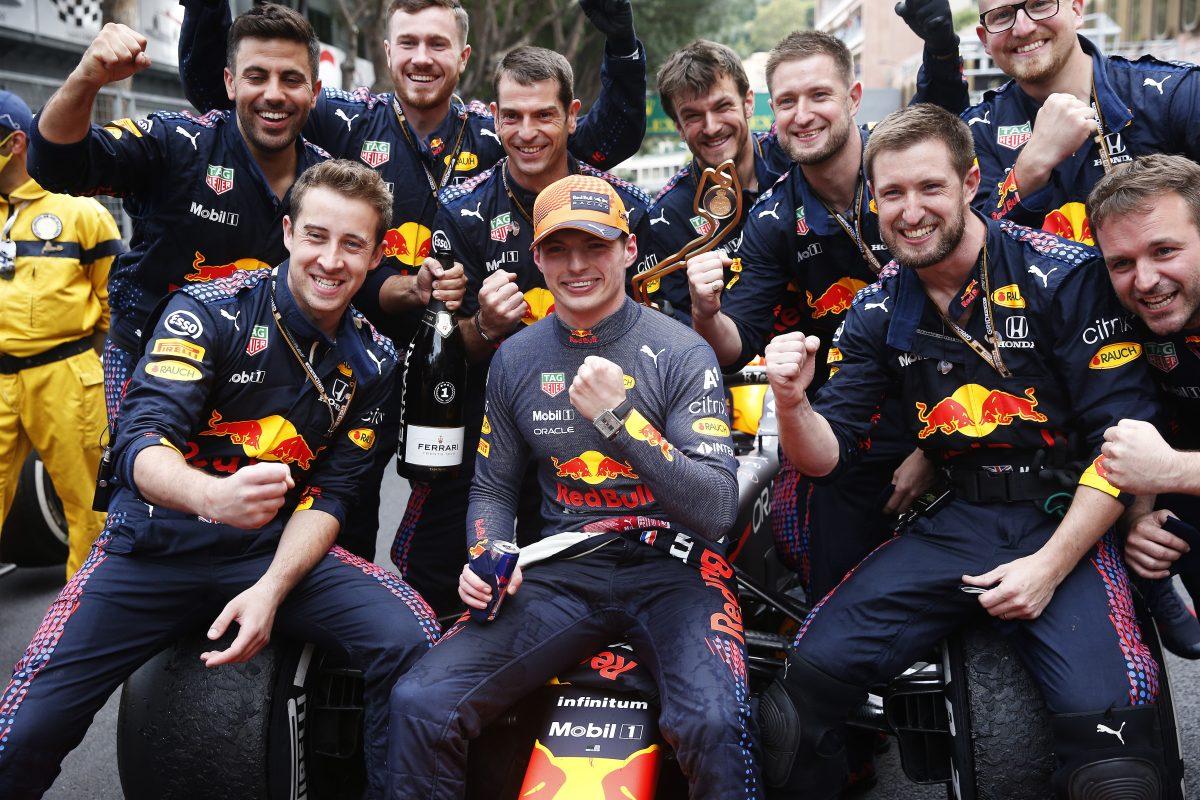 MONTE-CARLO, MONACO - MAY 23: Race winner Max Verstappen of Netherlands and Red Bull Racing celebrates with his team in parc ferme during the F1 Grand Prix of Monaco at Circuit de Monaco on May 23, 2021 in Monte-Carlo, Monaco. (Photo by Sebastian Nogier - Pool/Getty Images) // Getty Images / Red Bull Content Pool  // SI202105230233 // Usage for editorial use only //