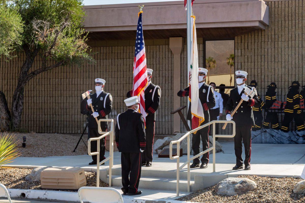 The Fire Department Honor Guard opened the 9/11 day of remembrance at 9:11 a.m. held at Palm Springs Fire Station 2 Saturday, Sept 11, 2021.  While remembering those that lost their lives during the terrorist attack on the United States, Saturday was also a celebration of the first responders from California who were on hand at Ground Zero to assist with search and rescue, including 60 firefighters from Riverside County as well as six local firefighters. “We remember all the heroes of that day.”  Palm Springs Fire Department Deputy Chief Jason Loya. (Joyce Nugent | Viewpoints)