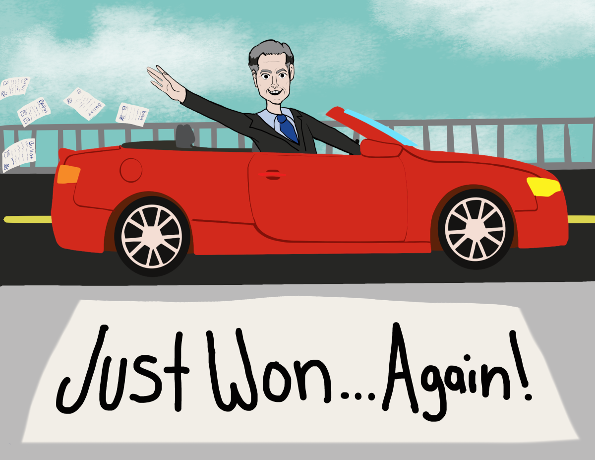 Gov. Gavin Newsom drives in a red car, waving at the viewer as ballot papers fly behind him. (Julianna Hernandez | Viewpoints)