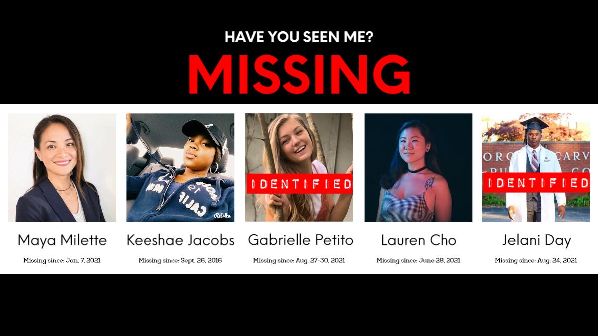 From left: Maya Milette, Keeshae Jacobs, Gabrielle Petito, Lauren Cho and Jelani Day are all people that have gone missing, but Day and Petito are the only one's who have been identified. (Leo Cabral | Viewpoints)