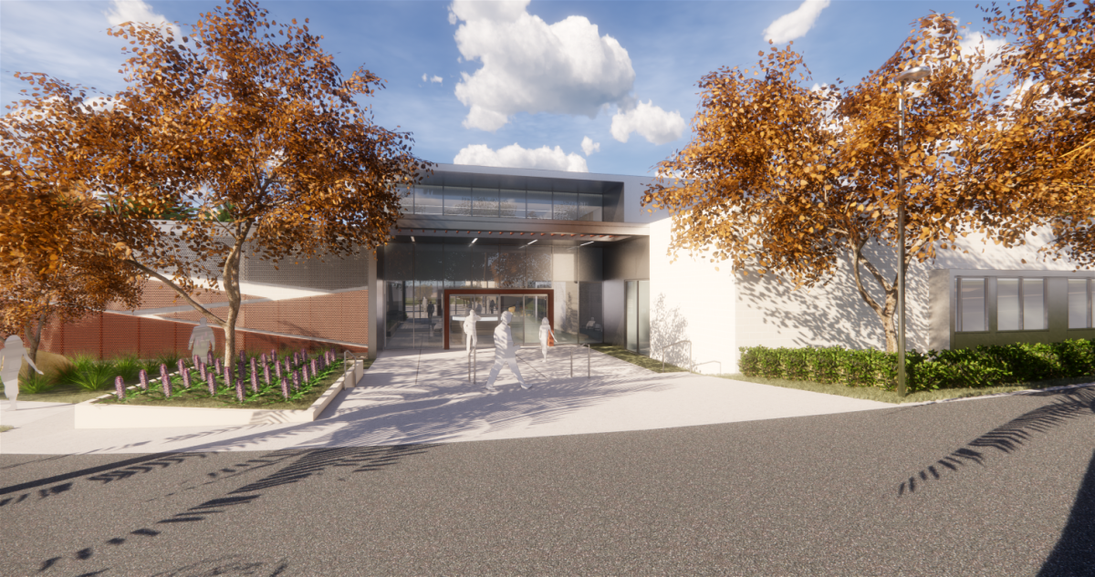 A rendering of Moreno Valley College's new Welcome Center depicts the building's entrance. (Image courtesy of Moreno Valley College)