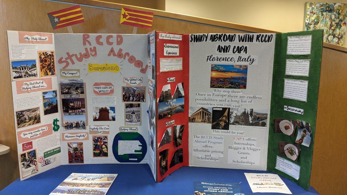 A cardboard display located within the Salvatore Rotella Digital Library advertises the study abroad program. (Daniel Hernandez | Viewpoints)