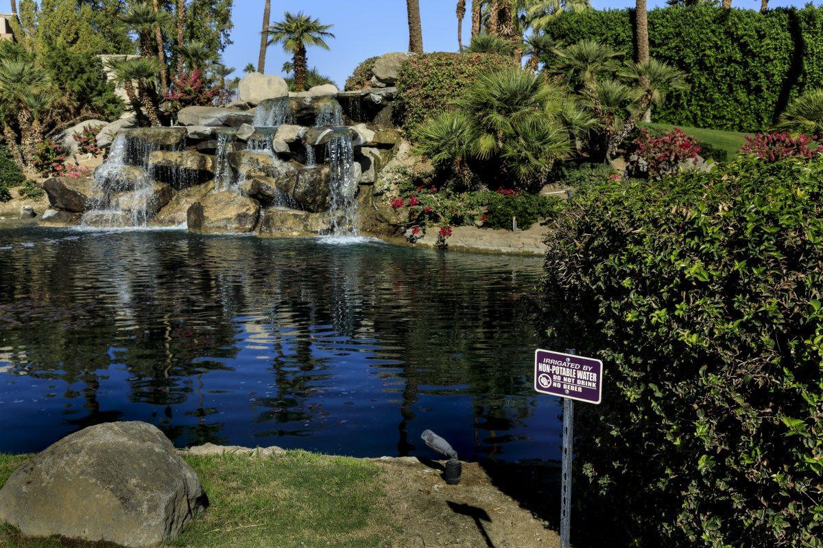 This landscape waterfall and recirculating streams sit at the gate of the Desert Horizons Country Club alongside Highway 111 in Indian Wells. The water features on this property utilize grey water, recycled from on-site systems such as sinks, laundry or irrigation. (Joyce Nugent | Viewpoints)