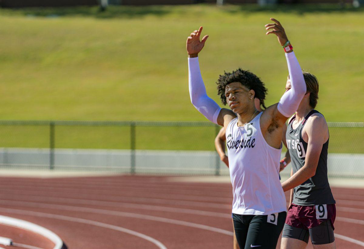 Riverside City College Tiger, Joshua Hornsby, reacts with disappointment after seeing his time in the men's 110m hurdle.  Hornsby may have been disappointed with his time, but it was good enough to take 1st place in the event at the 2022 Mt. SAC Relays CC Division held on April 9 at Hillmer Lodge Stadium in Walnut, Ca.  Photo By Stephen Day, Viewpoints.