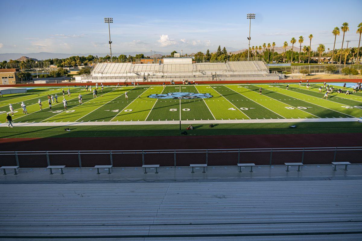 Students from the Ramona High School football team practice on their field on August 15, 2022.  Riverside City College Tigers will be using the RHS field for this season's home games due to problems and maintenance at Wheelock Stadium.  Photo By Stephen Day, Viewpoints