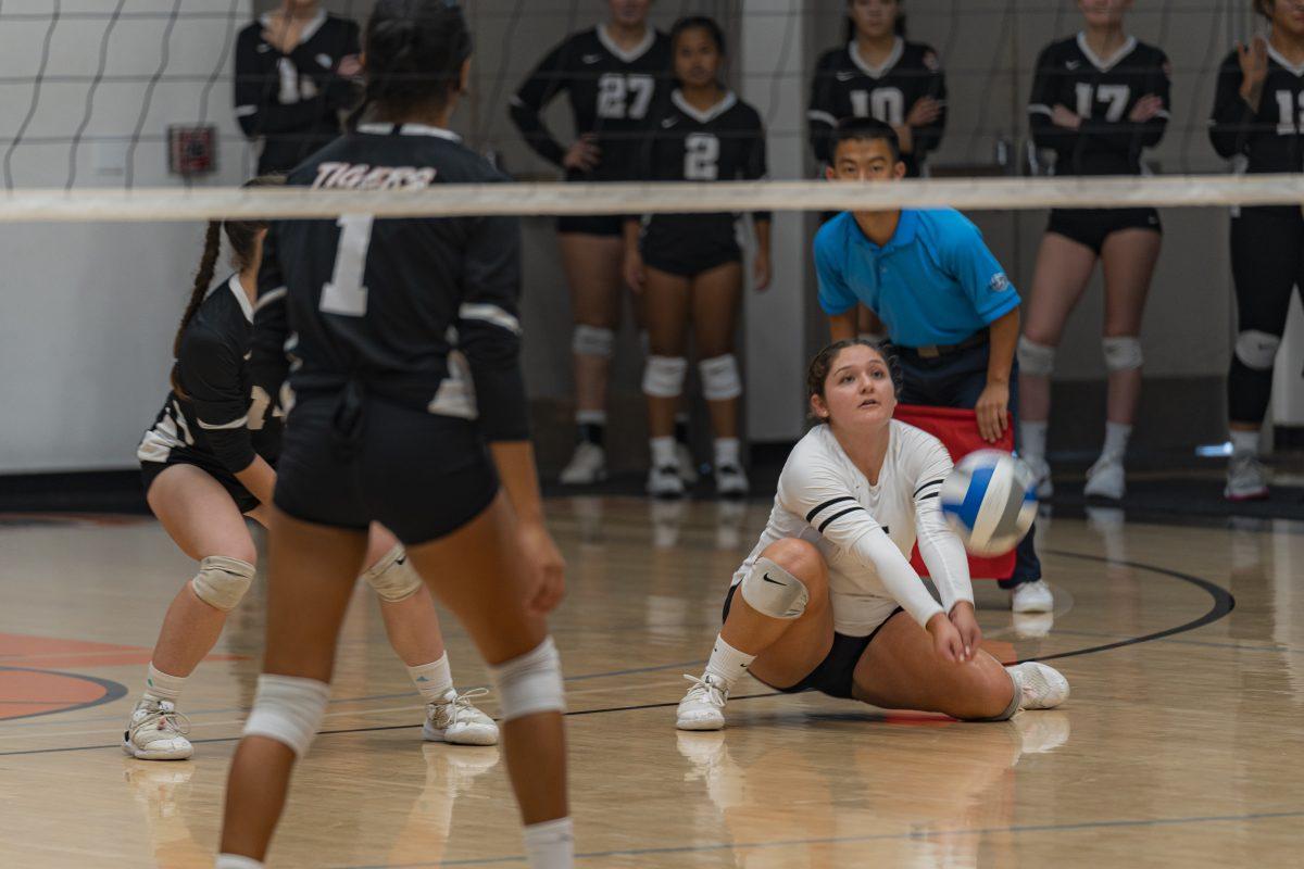 Mya Castro digs in under the ball to return the serve during the Tigers match against Mt. Sac Mounties on Oct 5 at the Wheellock Gym.

Photo by Stephen Day, Viewpoints.