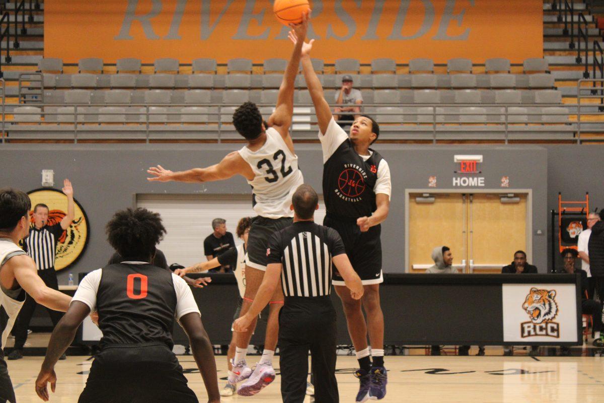 RIGHT Reggie ward competes for the tip off in an exhibition game vs. the Palomar college comets on Oct. 15 2022. Photo by Jesus Coronel Viewpoints