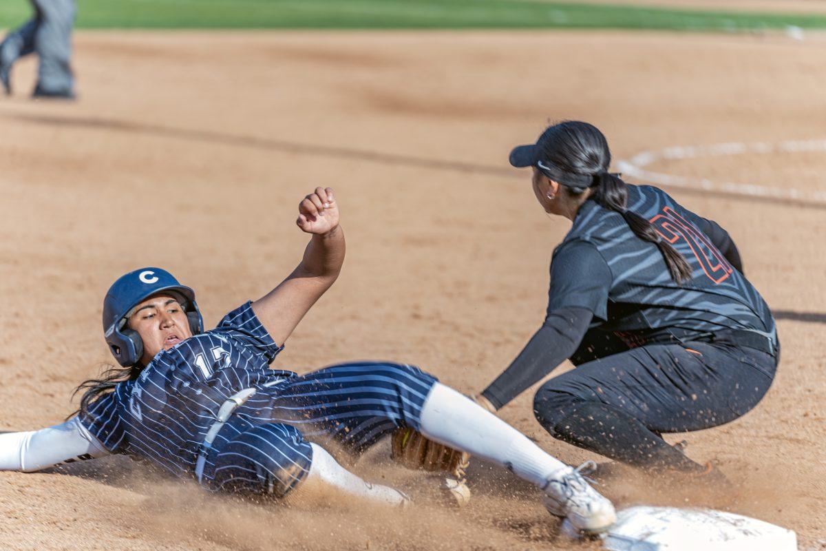 Riverside City College Tiger, Adrianna Montalvo, tags out the runner at third during the game against the Cypress Chargers on March 8.

Photo By Stephen Day, Viewpoints.