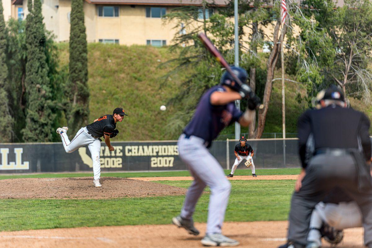 Relief Pitcher Dimond Loosli came in to pitch the last inning and despite a bit of struggle held the score and let the Tigers take the win during the Riverside City College Tigers baseball game against Orange Coast College Pirates on March 17.

Tigers beat the Pirates 6-3 .

Photo by Stephen Day, Viewpoints.