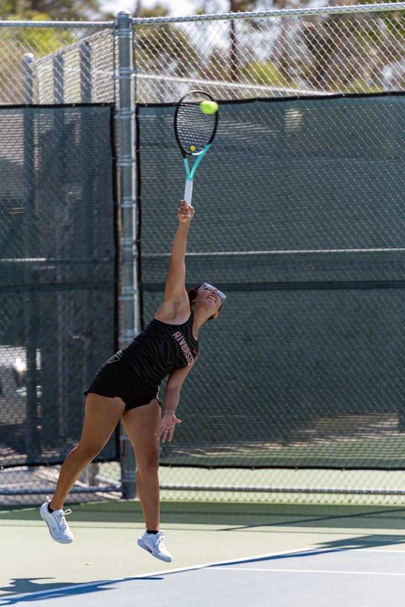 Tiger Christa McDowell serves up the ball during doubles sets against the Saddleback Bobcats at Riverside City College on March 28.

Photo by Stephen Day, Viewpoints.