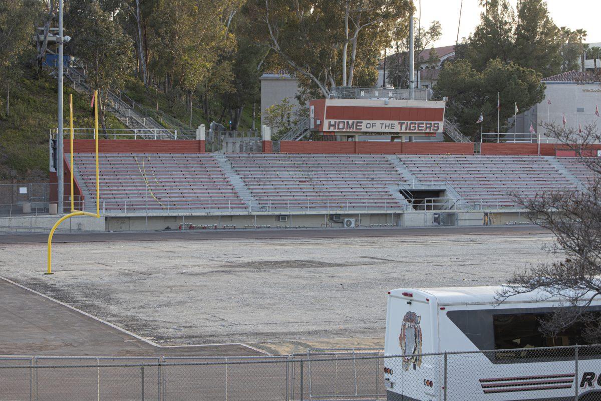 Wheelock stadium looks in shambles April 4 after the track and field have been deconstructed for repairs. Photo by Hayden Kulick Viewpoints.