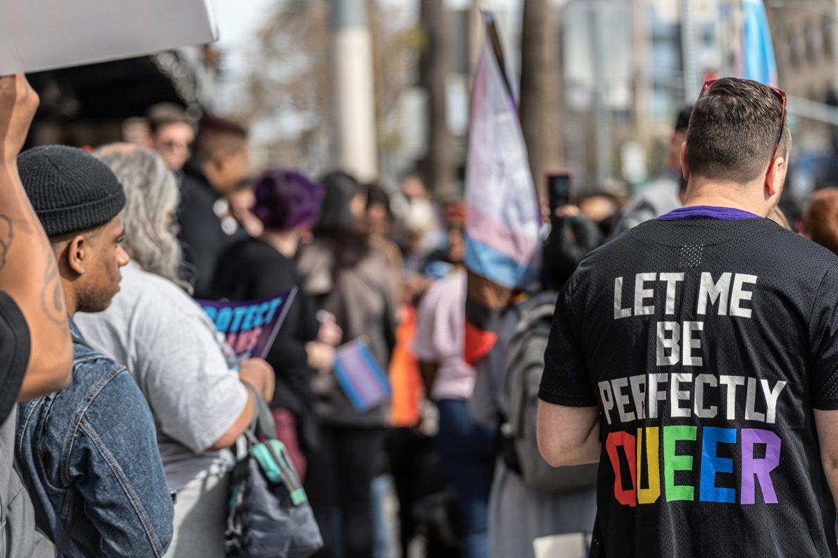 "Let me be perfectly queer" reads a shirt during a Queer and Trans Kids Autonomy March in Downtown Riverside on March 31.

Photo by Stephen Day, Viewpoints