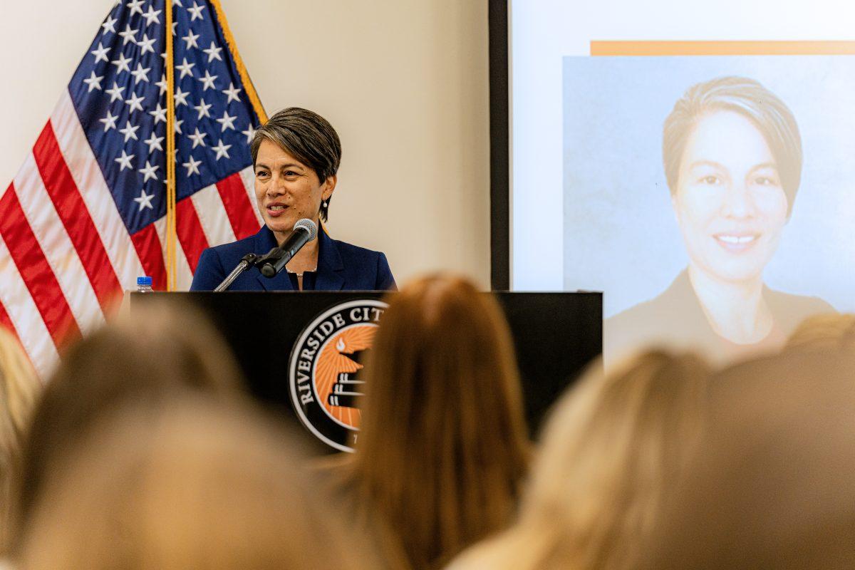 Claire Oliveros speaks to an audience of faculty, staff, and students as she presents her plan as the next President of Riverside City College in the Hall of Fame on May 24.

Photo by Stephen Day, Viewpoints