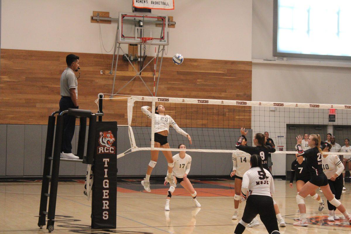 Sophomore opposite hitter Nina Peay winding up to spike the ball during a game against Mt. San Jacinto at the Wheelock Gym on Sept. 8. Photo by Jesus Coronel