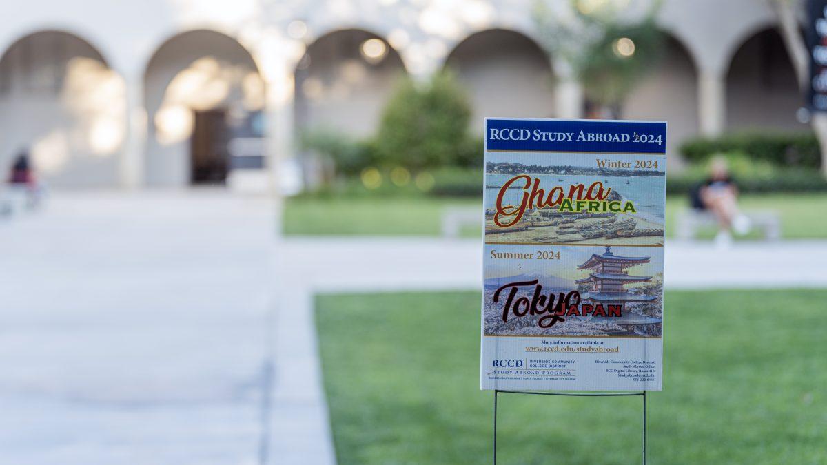 Signs around campus raise awaareness for the Riverside City College Study Abroad program which features Ghana Africa in Winter 2024 and Tokyo Japan in Summer 2024 on Oct 9.

Photo by Stephen Day, Viewpoints.